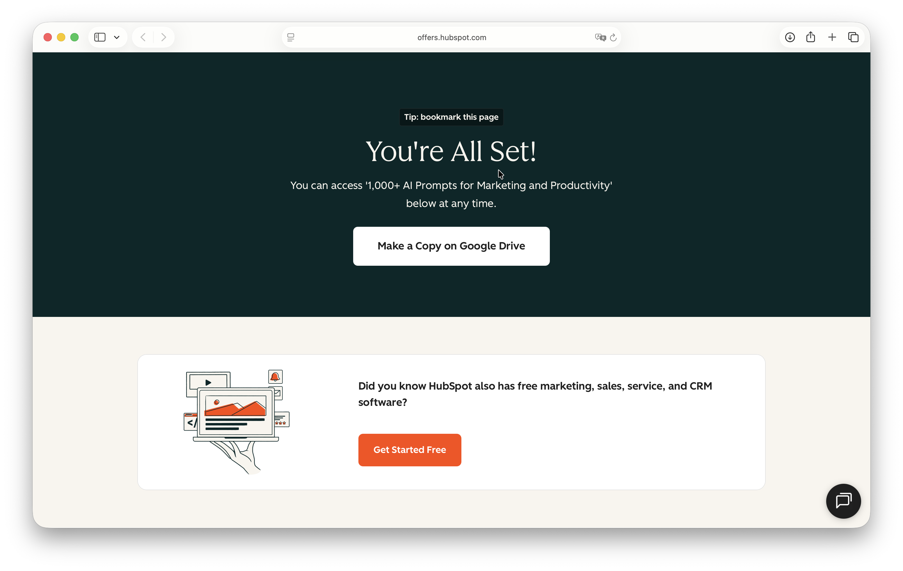 HubSpot's post-download 'You're All Set!' confirmation screen for the '1,000+ AI Prompts for Marketing and Productivity' document, offering a 'Make a Copy on Google Drive' button