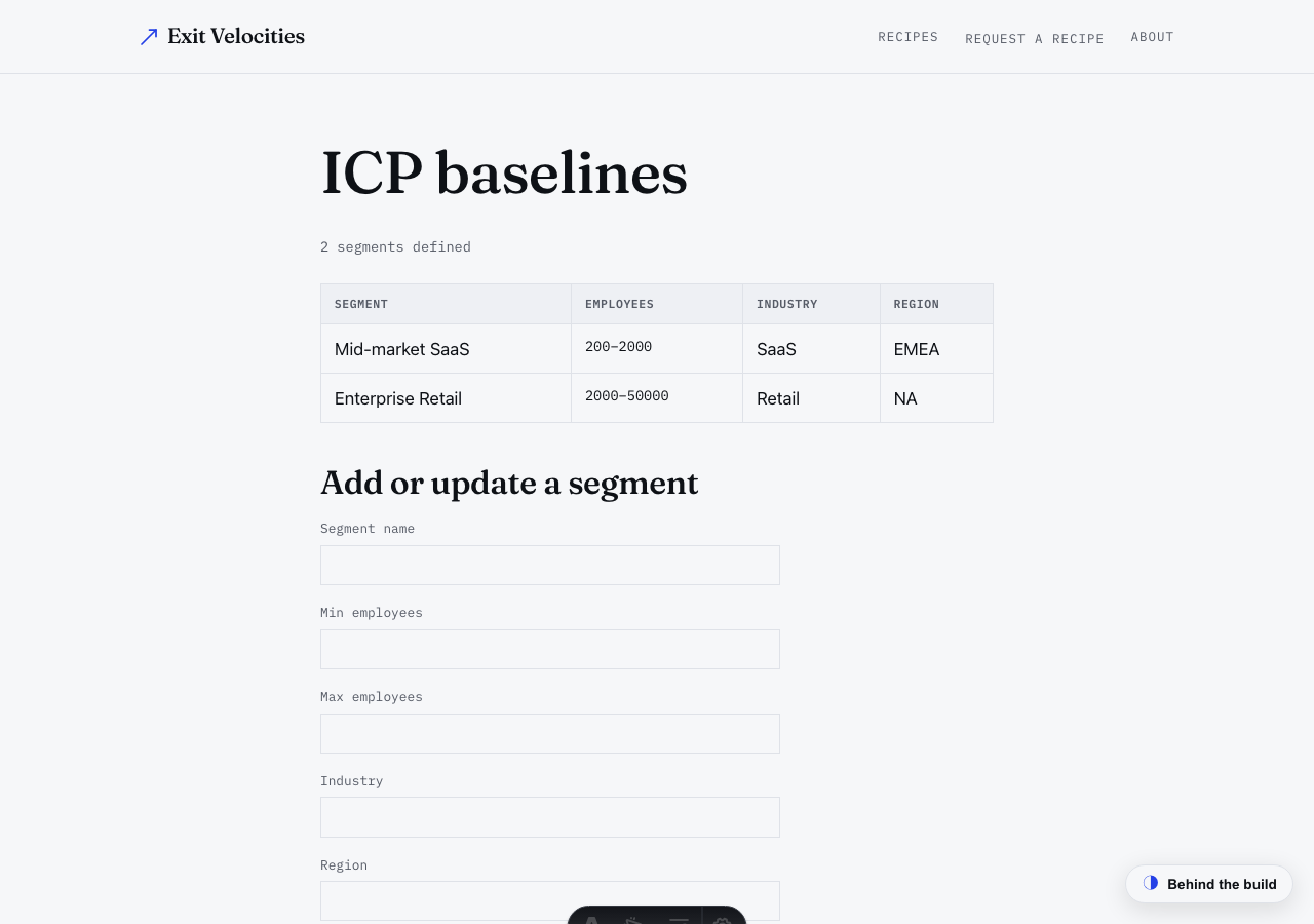 The /admin/icp-baselines page showing two ICP baseline rows (Mid-market SaaS and Enterprise Retail) in a table, with a form below to add or update a segment by name, employee range, industry, and region