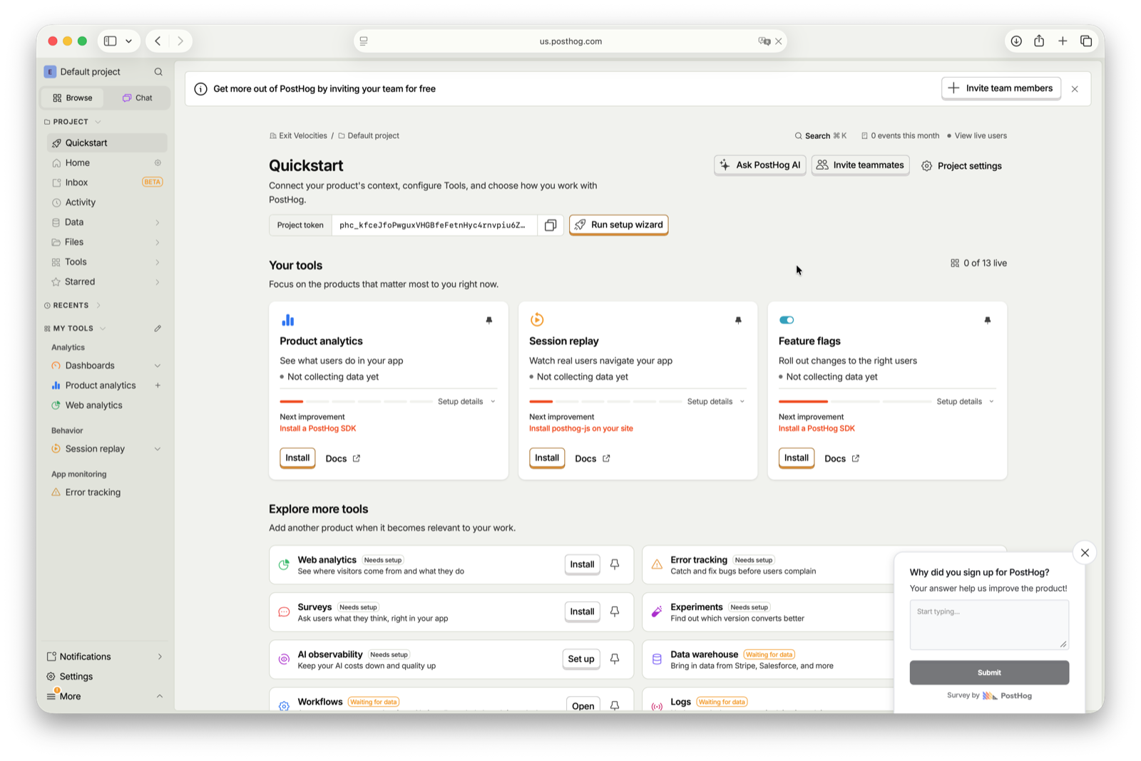 PostHog's Quickstart screen for a newly created 'Exit Velocities' project, showing the project token field and three tool cards all reading 'Not collecting data yet'