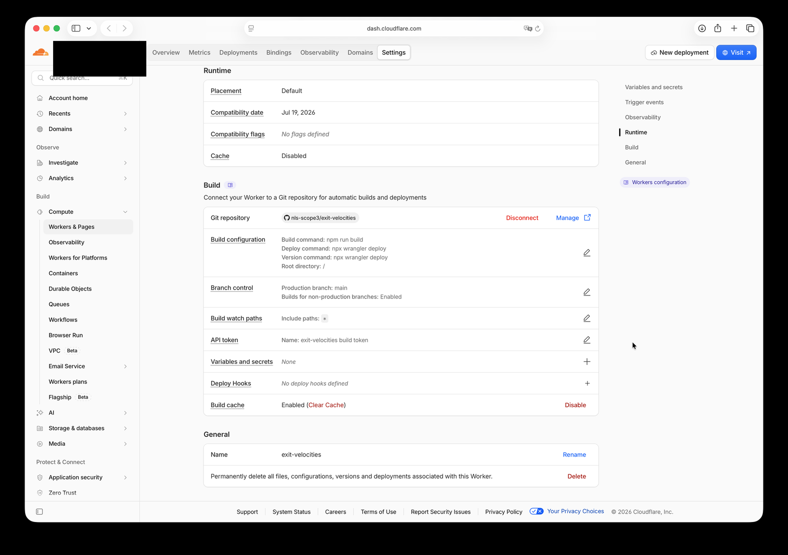 Cloudflare's Worker Settings page, Build section, showing a Git repository connection and a 'Variables and secrets' row reading 'None' with an Add button