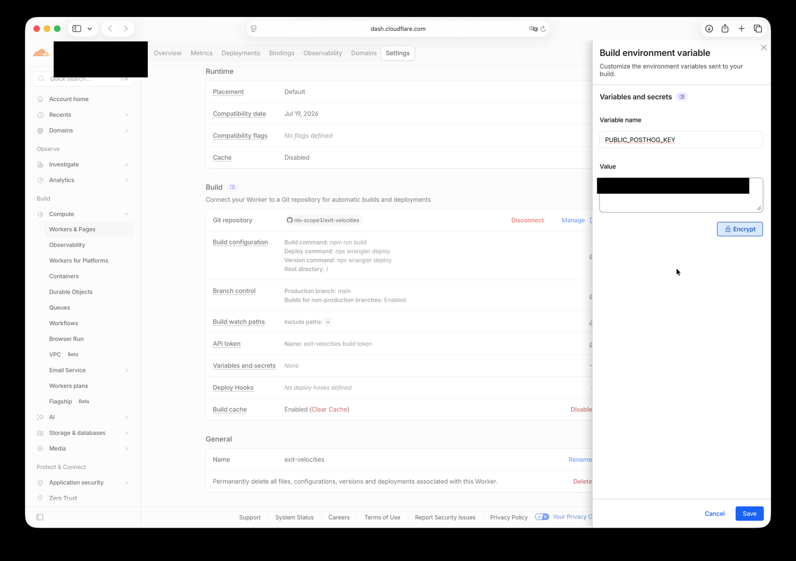 Cloudflare's 'Build environment variable' side panel with a variable name entered and a redacted value field, plus an Encrypt button