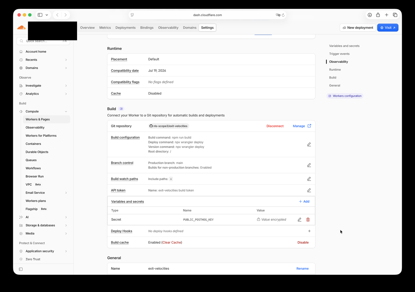 Cloudflare's Build variables list showing the tracking key saved as Type 'Secret' with the value masked as 'Value encrypted'
