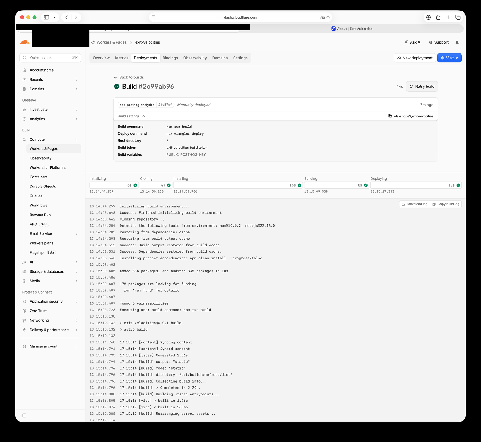 Cloudflare build detail page showing Build #2c99ab96 with all five stages (Initializing, Cloning, Installing, Building, Deploying) marked complete with green checkmarks, and the tracking variable listed under Build variables