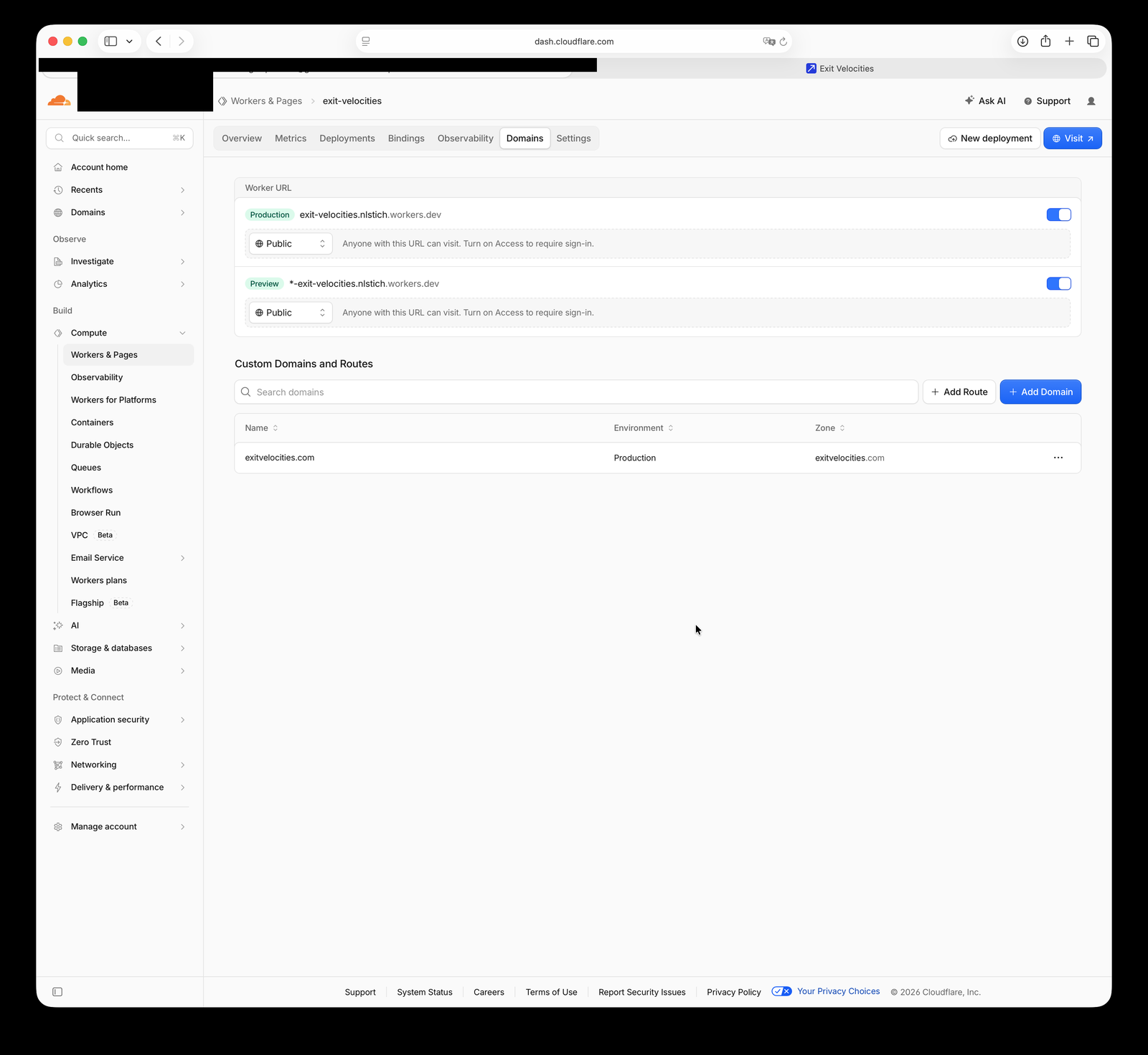 Cloudflare's Domains tab for the exit-velocities Worker, showing exitvelocities.com listed under Custom Domains and Routes with Environment set to Production