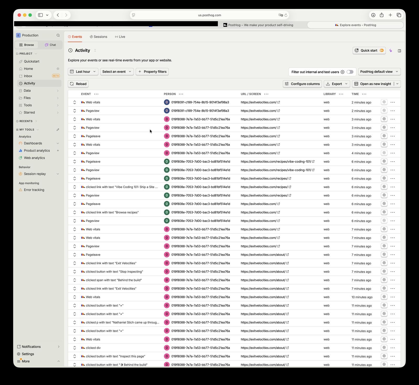 PostHog's Activity view listing a stream of real Pageview, Pageleave, and Web vitals events plus autocaptured clicks, all from exitvelocities.com URLs, timestamped minutes apart