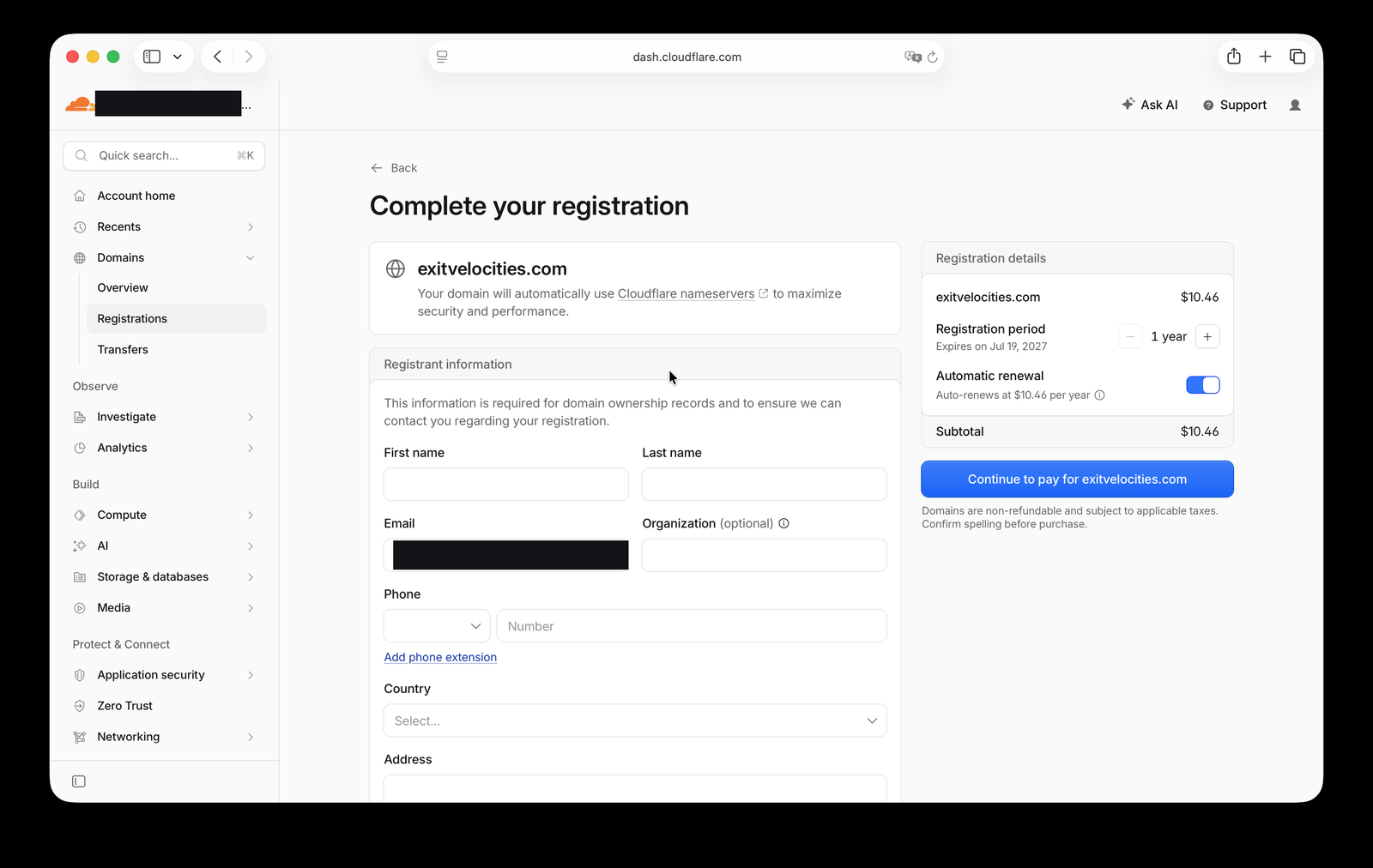 Cloudflare's domain registration screen for exitvelocities.com, showing the $10.46/yr price and a registrant email field