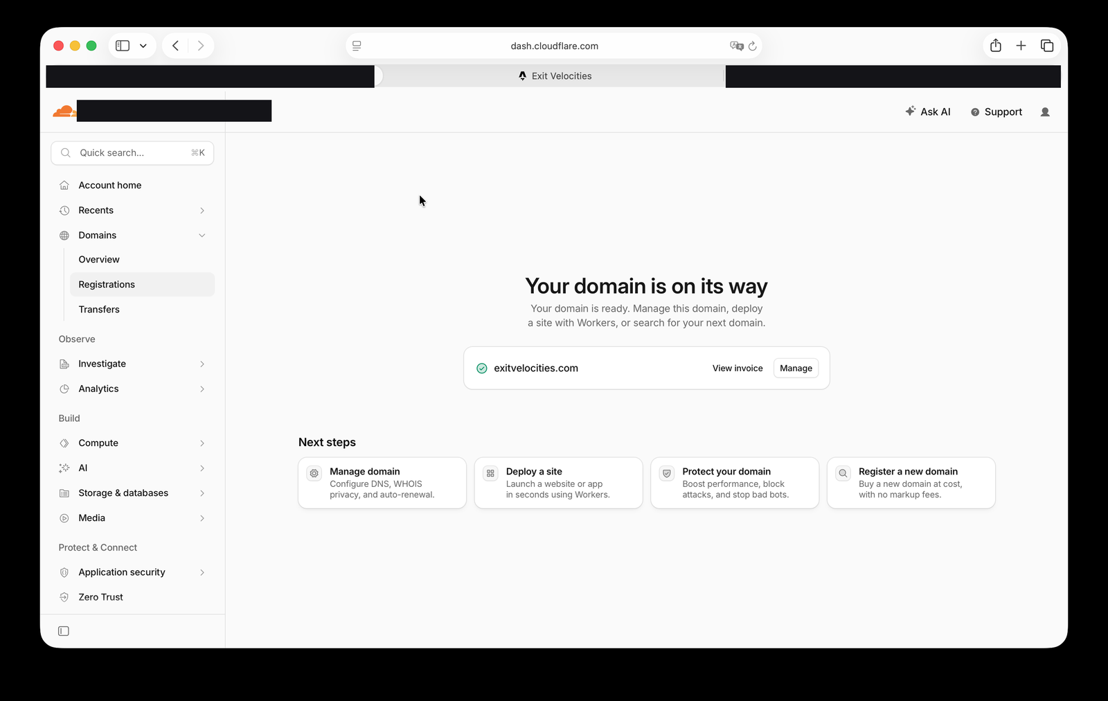 Cloudflare confirming the domain is registered and ready, with next-step options for managing, deploying, and protecting it