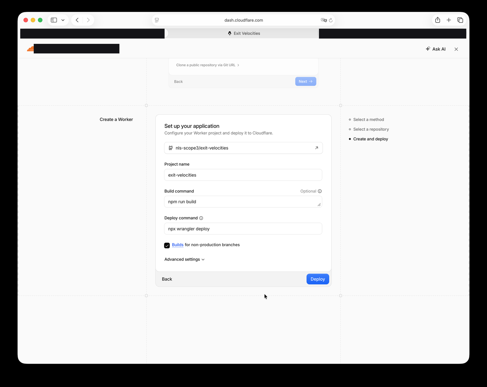 Cloudflare's Worker setup screen with build command npm run build and deploy command npx wrangler deploy, pointed at the nls-scope3/exit-velocities repo