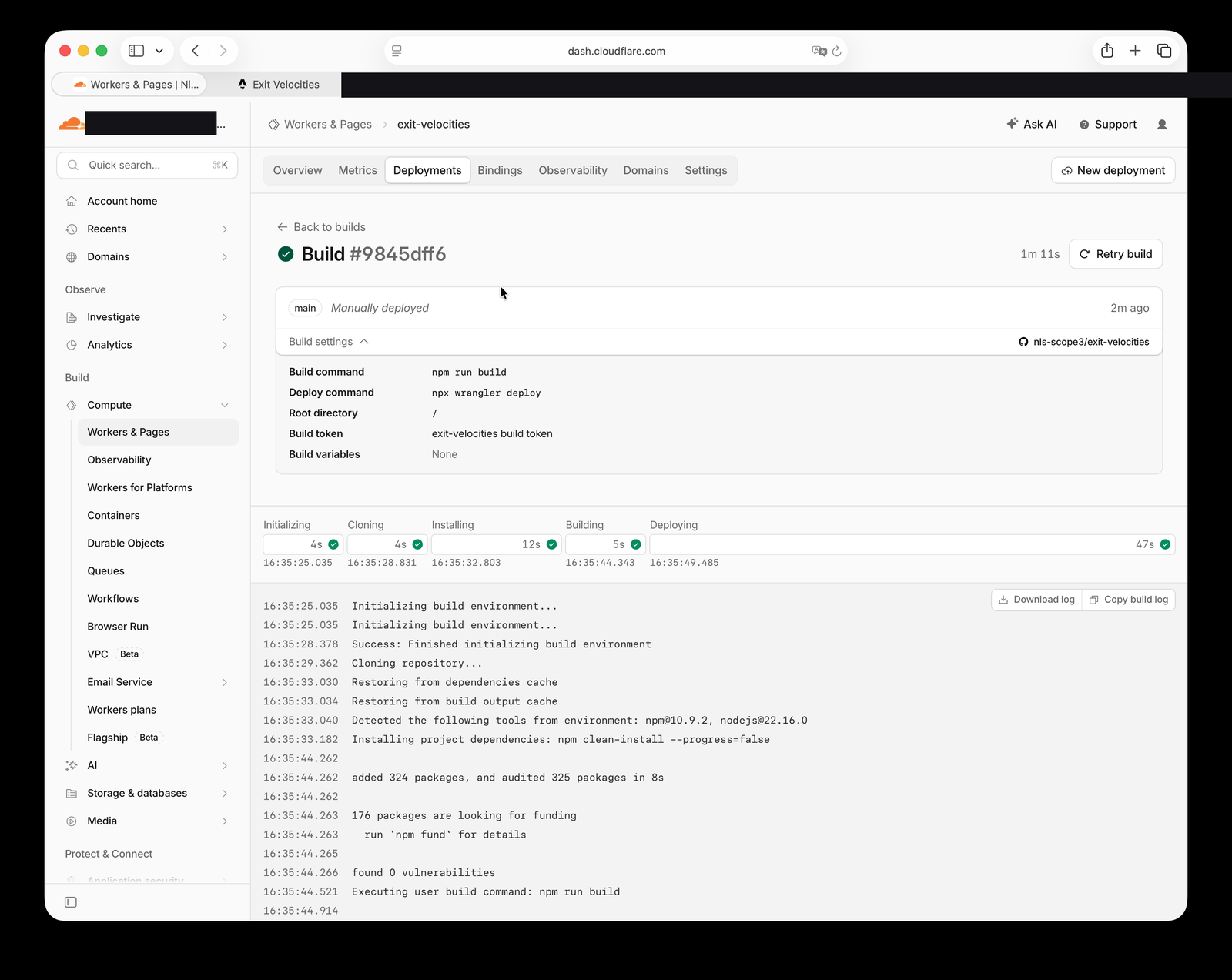 A completed Cloudflare build log showing all five pipeline stages green in just over a minute