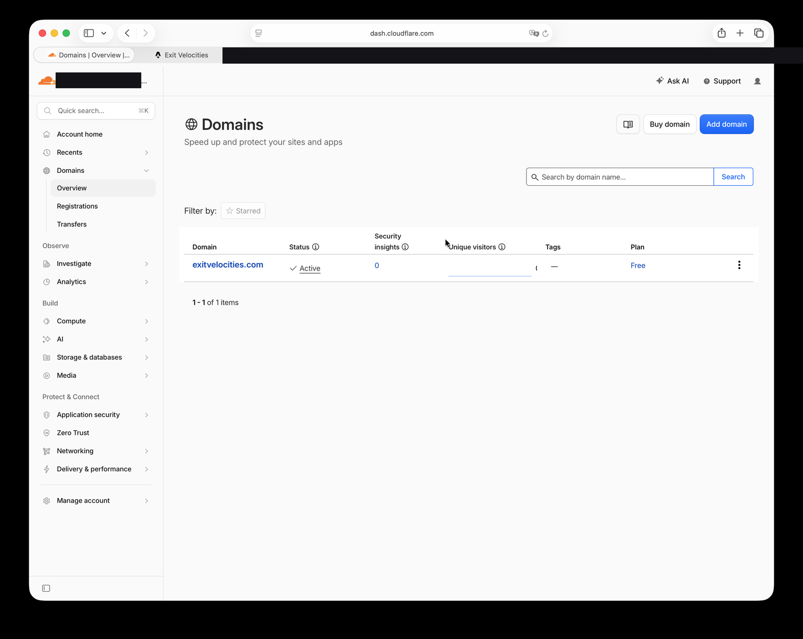 Cloudflare's account-level Domains list showing exitvelocities.com with an Active status