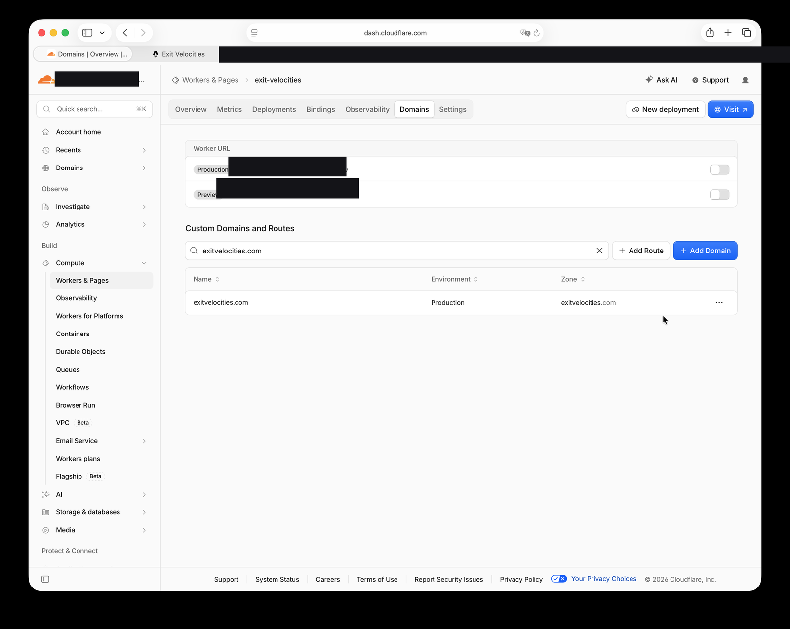 The Worker's Domains tab showing exitvelocities.com listed under Custom Domains and Routes, bound to the Production environment